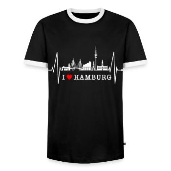 Hamburg Skyline Heartbeat Hamburg Love Fan - Men's Ringer Shirt - black/white - Front - AI Model Female 172 light (172cm) & AI Model Male 178 light (178cm)