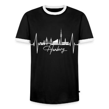 Hamburg Skyline Heartbeat Hamburg Love Fan - Men's Ringer Shirt - black/white - Front - AI Model Female 172 light (172cm) & AI Model Male 178 light (178cm)
