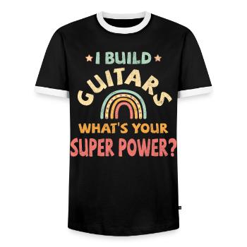 I build Guitars what's your super power? - Men's Ringer Shirt - black/white - Front - AI Model Female 172 light (172cm) & AI Model Male 178 light (178cm)
