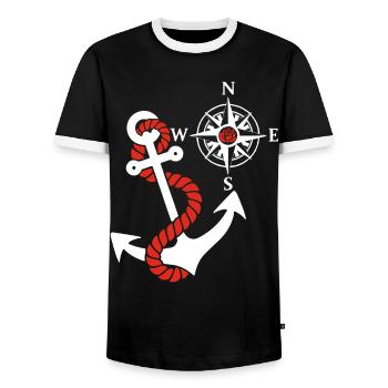 Compass rose and sea anchor (white) - Men's Ringer Shirt - black/white - Front - AI Model Female 172 light (172cm) & AI Model Male 178 light (178cm)