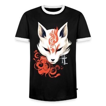 Fox Mask Kumiho Samurai Kitsune Japan Anime - Men's Ringer Shirt - black/white - Front - AI Model Female 172 light (172cm) & AI Model Male 178 light (178cm)