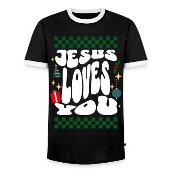 Jesus loves You - Christians Retro Ugly Christmas - Men's Ringer Shirt - black/white - Front - AI Model Female 172 light (172cm) & AI Model Male 178 light (178cm)