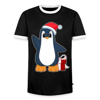 Penguin Christmas Santa Hat - Men's Ringer Shirt - black/white - Front - AI Model Female 172 light (172cm) & AI Model Male 178 light (178cm)