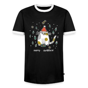 Dicke Katze mit Santa Mütze Weihnachten Cartoon - Männer Kontrast-T-Shirt - Schwarz/Weiß - Vorne - AI Model Female 172 light (172cm) & AI Model Male 178 light (178cm)