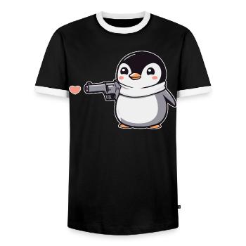 Drôle de pingouin avec des coeurs de pistolet Saint-Valentin - T-shirt contrasté Homme - noir/blanc - Devant - AI Model Female 172 light (172cm) & AI Model Male 178 light (178cm)