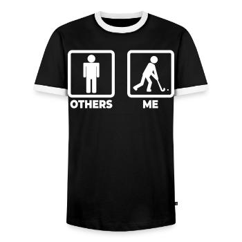 Hockey Player Stick Figure - Men's Ringer Shirt - black/white - Front - AI Model Female 172 light (172cm) & AI Model Male 178 light (178cm)