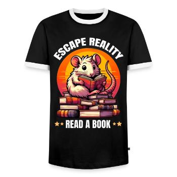 Escape Reality, Read a Book. Cute Rat Reads Book - Men's Ringer Shirt - black/white - Front - AI Model Female 172 light (172cm) & AI Model Male 178 light (178cm)