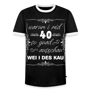 warum i mid 40 so guad ausschau WEI I DES KAU - Männer Kontrast-T-Shirt - Schwarz/Weiß - Vorne - AI Model Female 172 light (172cm) & AI Model Male 178 light (178cm)