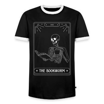 Funny Tarot Card Skeleton Books Reading Bookworm - Men's Ringer Shirt - black/white - Front - AI Model Female 172 light (172cm) & AI Model Male 178 light (178cm)