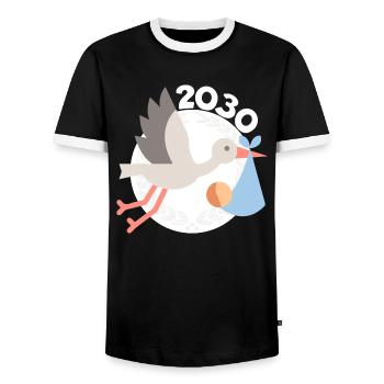 Stork with baby 2030 - Men's Ringer Shirt - black/white - Front - AI Model Female 172 light (172cm) & AI Model Male 178 light (178cm)