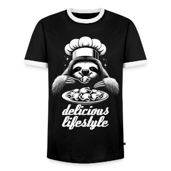 Pelmeni Sloth Delicious Lifestyle Chef Gesche - Men's Ringer Shirt - black/white - Front - AI Model Female 172 light (172cm) & AI Model Male 178 light (178cm)