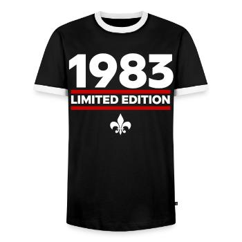 1983 Limited Edition - Men's Ringer Shirt - black/white - Front - AI Model Female 172 light (172cm) & AI Model Male 178 light (178cm)
