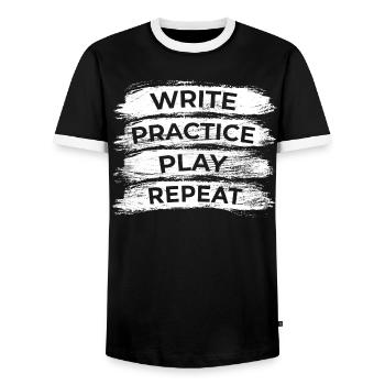 Writing, practicing, playing, repeating - Men's Ringer Shirt - black/white - Front - AI Model Female 172 light (172cm) & AI Model Male 178 light (178cm)