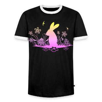 Lapin de Pâques sur prairie avec hirondelles - T-shirt contrasté Homme - noir/blanc - Devant - AI Model Female 172 light (172cm) & AI Model Male 178 light (178cm)