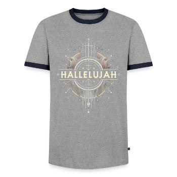 Hallelujah Deco Glyph - Men's Ringer Shirt - grey/navy  - Front - AI Model Female 172 light (172cm) & AI Model Male 178 light (178cm)