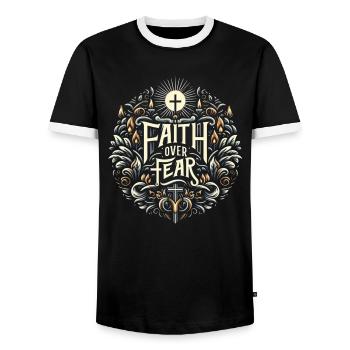 Faith Over Fear Ornament - Men's Ringer Shirt - black/white - Front - AI Model Female 172 light (172cm) & AI Model Male 178 light (178cm)