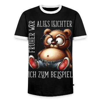 dicke Teddybär mit Jeans Sneaker lustige Sprüche - Männer Kontrast-T-Shirt - Schwarz/Weiß - Vorne - AI Model Female 172 light (172cm) & AI Model Male 178 light (178cm)