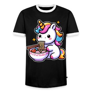Japanese Kawaii Unicorn Ramen Asian Cuisine - Men's Ringer Shirt - black/white - Front - AI Model Female 172 light (172cm) & AI Model Male 178 light (178cm)