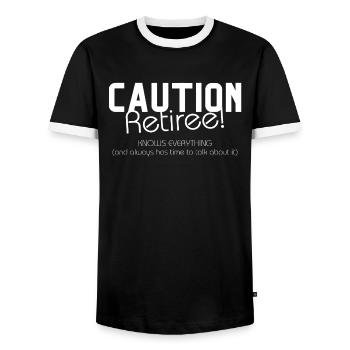 Achtung Rentner – weiß alles und hat viel Zeit. - Männer Kontrast-T-Shirt - Schwarz/Weiß - Vorne - AI Model Female 172 light (172cm) & AI Model Male 178 light (178cm)