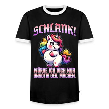 Schlank & Selbstbewusst: Ironisches Statement - Männer Kontrast-T-Shirt - Schwarz/Weiß - Vorne - AI Model Female 172 light (172cm) & AI Model Male 178 light (178cm)