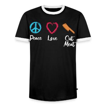 Peace, Love, Cutting Flesh - Men's Ringer Shirt - black/white - Front - AI Model Female 172 light (172cm) & AI Model Male 178 light (178cm)