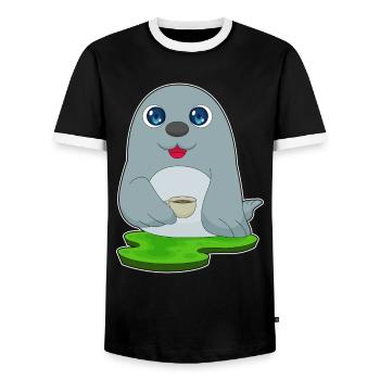 Seal Coffee Mug - Men's Ringer Shirt - black/white - Front - AI Model Female 172 light (172cm) & AI Model Male 178 light (178cm)