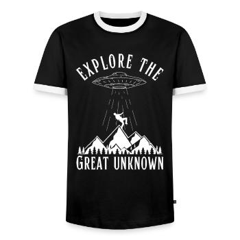 Explore the Great Unknown UFO Aliens - Men's Ringer Shirt - black/white - Front - AI Model Female 172 light (172cm) & AI Model Male 178 light (178cm)