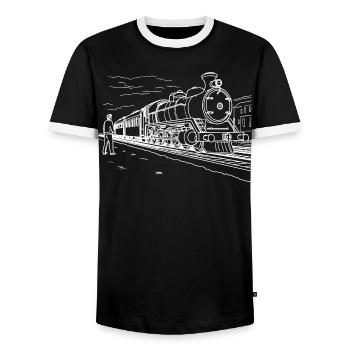 Train Lover Drawing - Men's Ringer Shirt - black/white - Front - AI Model Female 172 light (172cm) & AI Model Male 178 light (178cm)