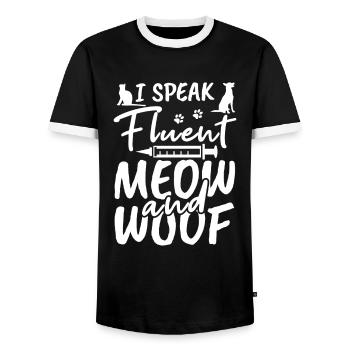 I speak fluent meow and woof - Men's Ringer Shirt - black/white - Front - AI Model Female 172 light (172cm) & AI Model Male 178 light (178cm)