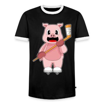 Schwein Eishockey Eishockeyschläger - Männer Kontrast-T-Shirt - Schwarz/Weiß - Vorne - AI Model Female 172 light (172cm) & AI Model Male 178 light (178cm)