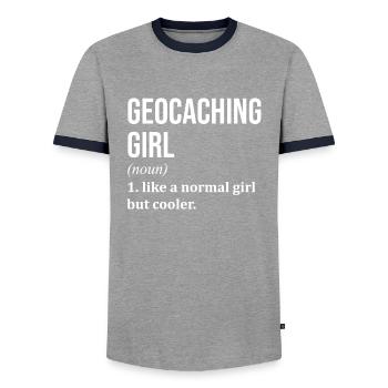 Géocaching - T-shirt contrasté Homme - gris/marine  - Devant - AI Model Female 172 light (172cm) & AI Model Male 178 light (178cm)