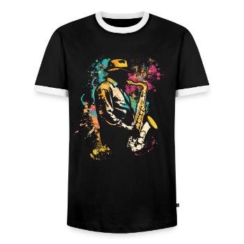 Saxophoniste street art - T-shirt contrasté Homme - noir/blanc - Devant - AI Model Female 172 light (172cm) & AI Model Male 178 light (178cm)