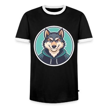Wolf Kawaii Cartoon Character Animal Pet Face - Men's Ringer Shirt - black/white - Front - AI Model Female 172 light (172cm) & AI Model Male 178 light (178cm)