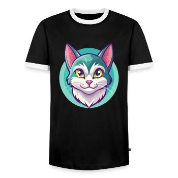 European Shorthair Cat Breed Cartoon Kawaii Animal - Men's Ringer Shirt - black/white - Front - AI Model Female 172 light (172cm) & AI Model Male 178 light (178cm)