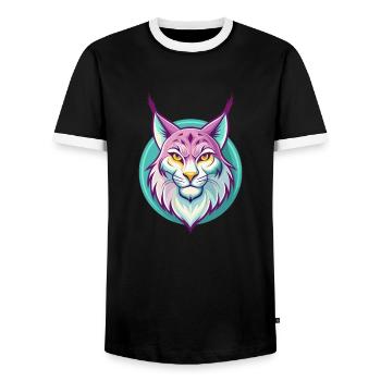 Lynx eurasien Chat race Dessin animé Kawaii Animal Animal Pet - T-shirt contrasté Homme - noir/blanc - Devant - AI Model Female 172 light (172cm) & AI Model Male 178 light (178cm)