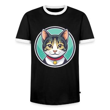 American Wirehair Cat Breed Cartoon Kawaii Animal - Men's Ringer Shirt - black/white - Front - AI Model Female 172 light (172cm) & AI Model Male 178 light (178cm)