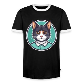 Manx Chat Race Dessin Animé Kawaii Animal Pet - T-shirt contrasté Homme - noir/blanc - Devant - AI Model Female 172 light (172cm) & AI Model Male 178 light (178cm)