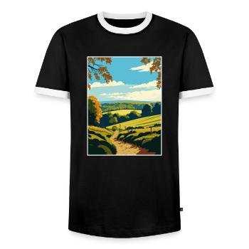 Surrey Hills Travel Poster Souvenir Postcard Paint - Men's Ringer Shirt - black/white - Front - AI Model Female 172 light (172cm) & AI Model Male 178 light (178cm)