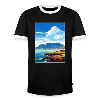Table Mountain South Africa Travel Poster Souvenir - Men's Ringer Shirt - black/white - Front - AI Model Female 172 light (172cm) & AI Model Male 178 light (178cm)