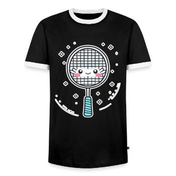 Badminton Racket Comic Look - Men's Ringer Shirt - black/white - Front - AI Model Female 172 light (172cm) & AI Model Male 178 light (178cm)