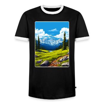 Rocky Mountain National Park Colorado Travel Card - Men's Ringer Shirt - black/white - Front - AI Model Female 172 light (172cm) & AI Model Male 178 light (178cm)