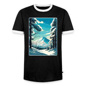 Niseko Ski Skiing Travel Poster Souvenir Paint WPA - Men's Ringer Shirt - black/white - Front - AI Model Female 172 light (172cm) & AI Model Male 178 light (178cm)