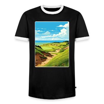 Whistling Straits Golf Course Travel Poster - Men's Ringer Shirt - black/white - Front - AI Model Female 172 light (172cm) & AI Model Male 178 light (178cm)