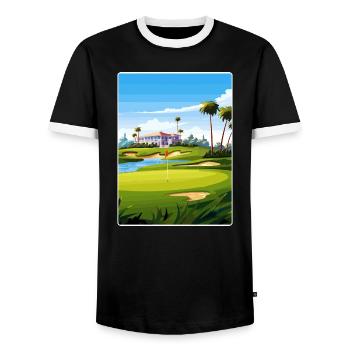 Riviera Country Club Golf Travel Poster Souvenir - Men's Ringer Shirt - black/white - Front - AI Model Female 172 light (172cm) & AI Model Male 178 light (178cm)