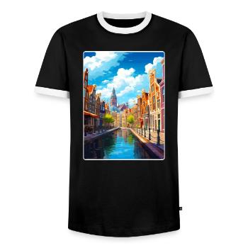 Amsterdam Netherlands Travel Poster Souvenir WPA - Men's Ringer Shirt - black/white - Front - AI Model Female 172 light (172cm) & AI Model Male 178 light (178cm)