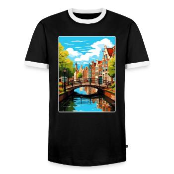 Amsterdam Netherlands Travel Poster Souvenir WPA - Men's Ringer Shirt - black/white - Front - AI Model Female 172 light (172cm) & AI Model Male 178 light (178cm)