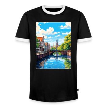 Amsterdam Netherlands Travel Poster Souvenir WPA - Men's Ringer Shirt - black/white - Front - AI Model Female 172 light (172cm) & AI Model Male 178 light (178cm)