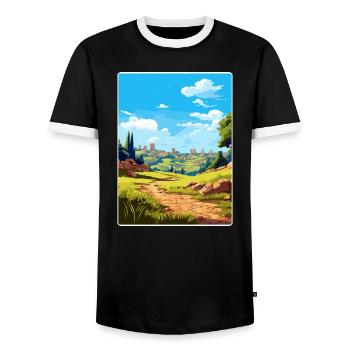 Troy Turkey Travel Poster Souvenir Postcard Paint - Men's Ringer Shirt - black/white - Front - AI Model Female 172 light (172cm) & AI Model Male 178 light (178cm)