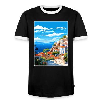 Hydra Greece Travel Poster Souvenir Postcard Paint - Men's Ringer Shirt - black/white - Front - AI Model Female 172 light (172cm) & AI Model Male 178 light (178cm)
