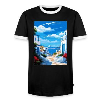 Milos Greece Travel Poster Souvenir Postcard Paint - Men's Ringer Shirt - black/white - Front - AI Model Female 172 light (172cm) & AI Model Male 178 light (178cm)